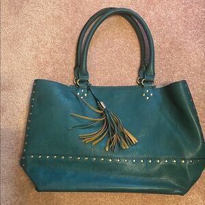 Neiman Marcus Teal Tote with Tassel and Studs